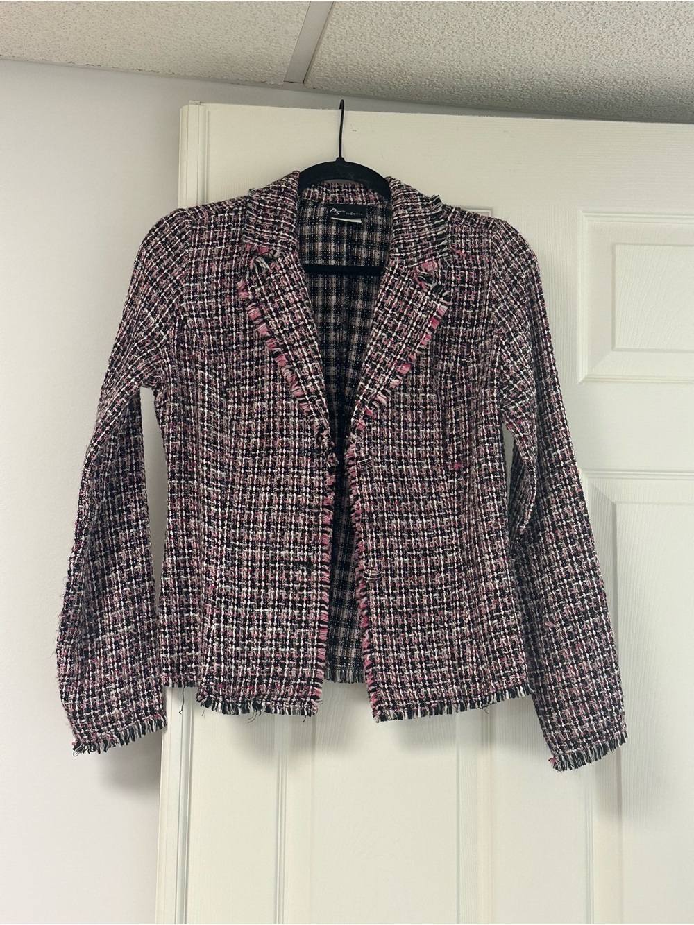 Tweed Fringe-Trim Women's Jacket in Pink & Black